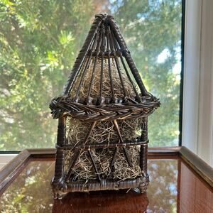 Vintage Wicker Birdhouse with Moss Fill – Hinged Opening – 11” Tall